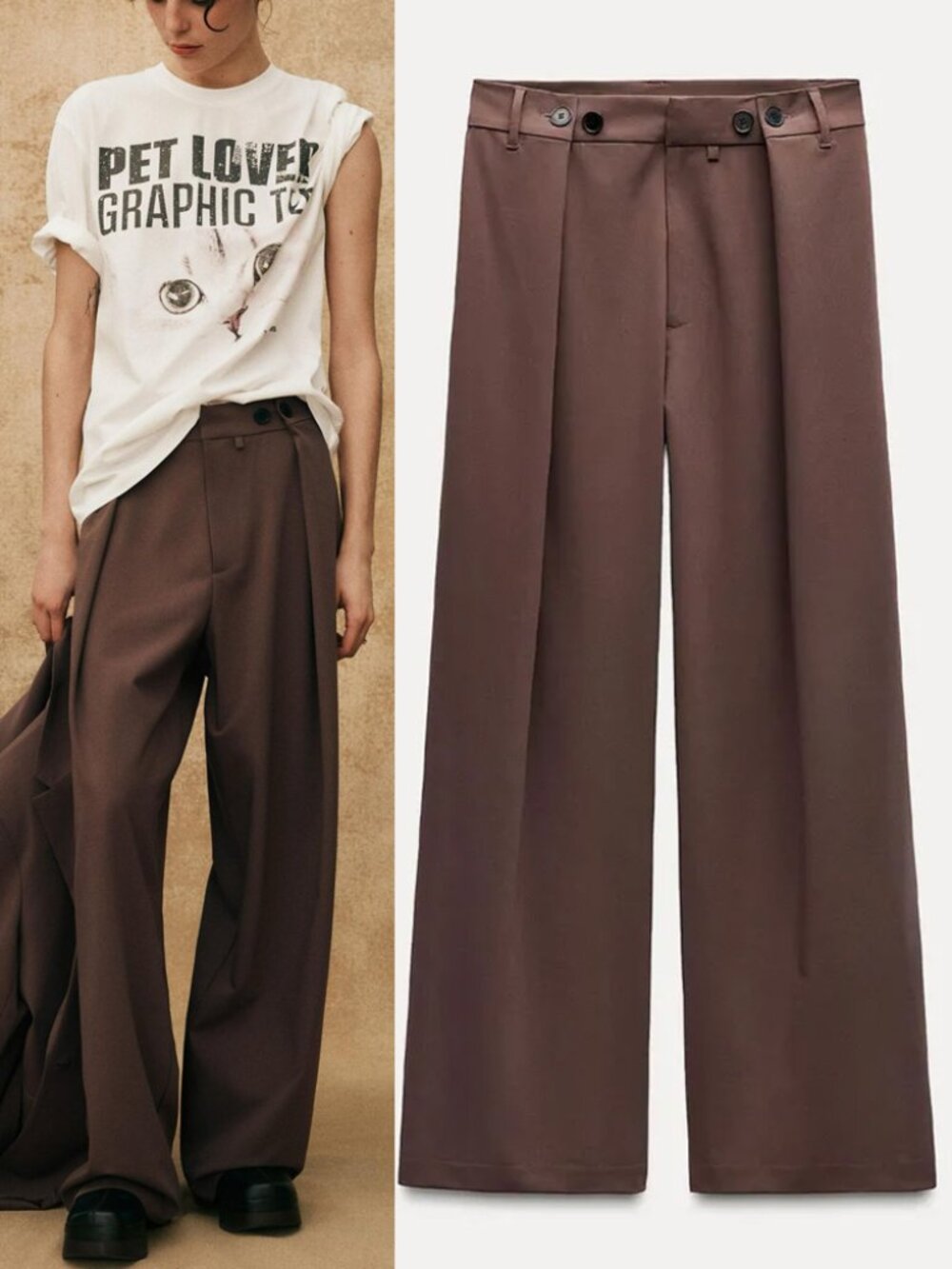Zara Multi-Position Waist Trouser Pants Size M Brown Wide Leg Pleated $70 Street